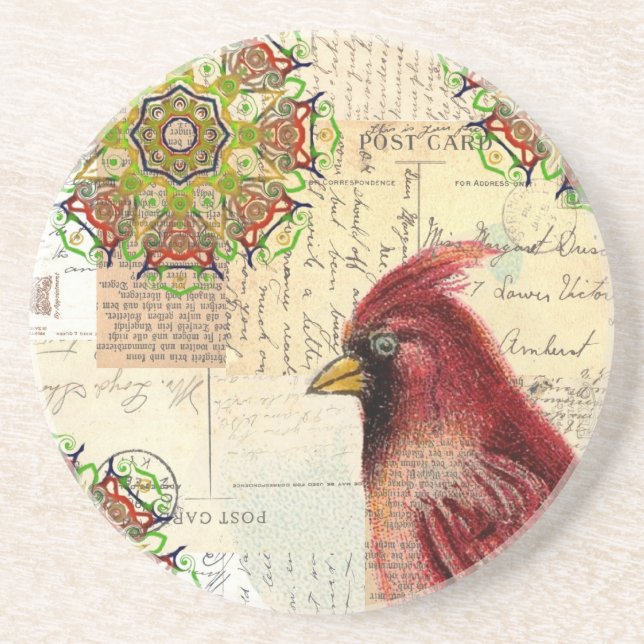 Collaged Old Papers And Cardinal Drink Coaster (Front)