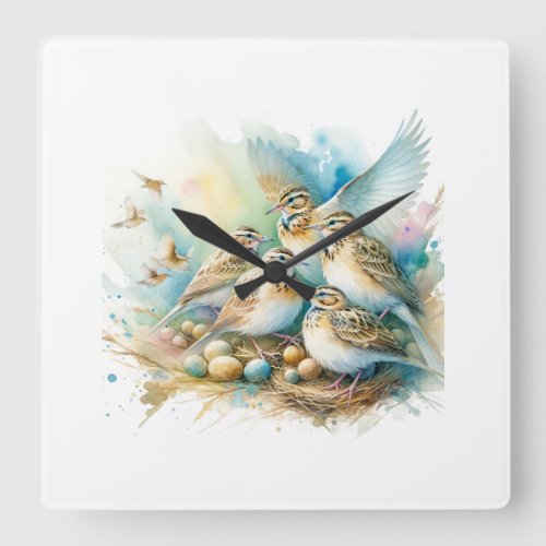 Collared Larks AREF11502 _ Watercolor Square Wall Clock