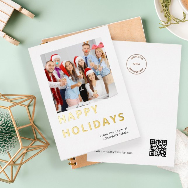 Colleague Photo Company Logo QR Happy Holidays Foil Holiday Card (Front and back view)