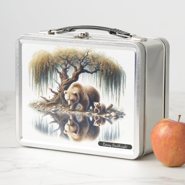Collectible Bear Family Beside a Tranquil Stream Metal Lunch Box (In Situ)