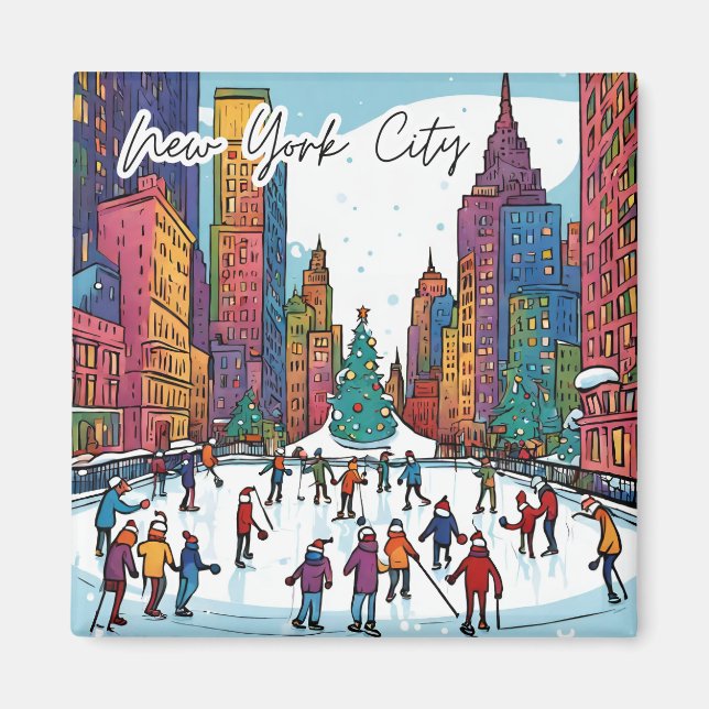 Collectible Funky City Magnet- NYC Christmas time Magnet (Front)