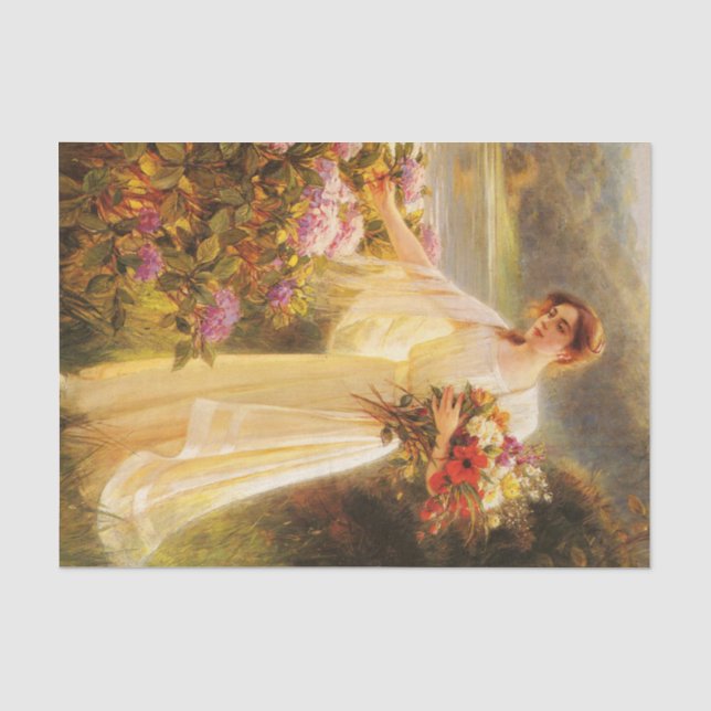 collecting flowers,beautiful lady by Albert Lynch Tissue Paper (Front)