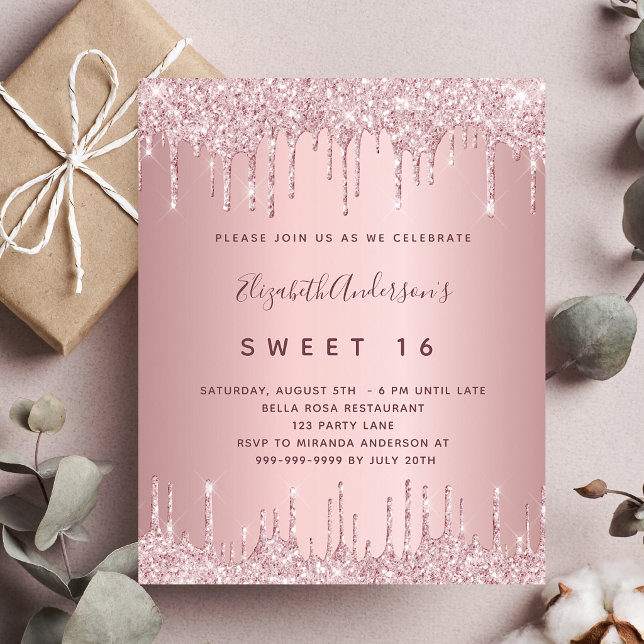 Modern dusty rose gold glitter ombre Sweet 16 Invitation, Zazzle