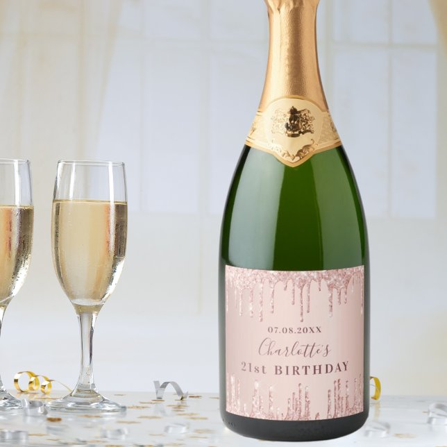 21st birthday party rose gold glitter monogram sparkling wine label | Zazzle