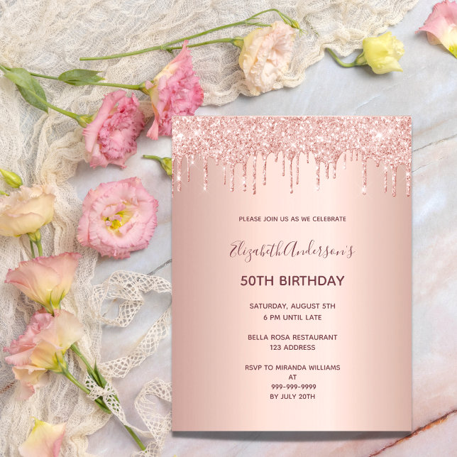 50th birthday rose gold glitter drips glam cake topper