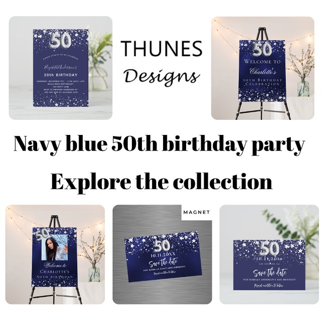 50th Birthday blue silver stars welcome party Pedestal Sign Zazzle