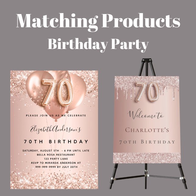 70th birthday party rose gold welcome foam board