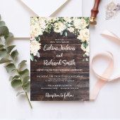 Rustic wood greenery white roses bridal brunch invitation