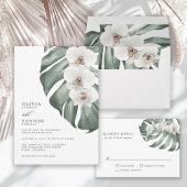 White Orchids on Monstera Tropical Wedding Invitation