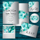 Aqua Roses and Silver Wedding Invitation