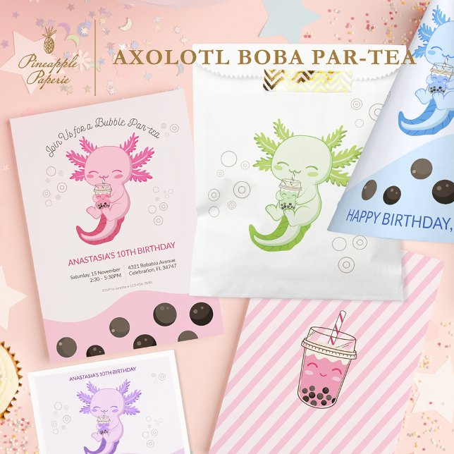Pink Axolotl Bubble Boba Par-tea Birthday Paper Pl Paper