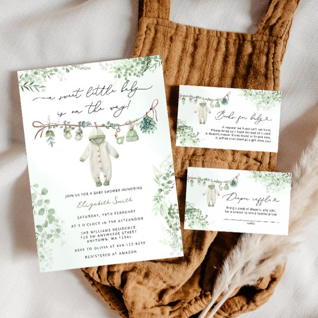 Boho Sage Green Cute Baby Clothes Baby Shower Invitation | Zazzle