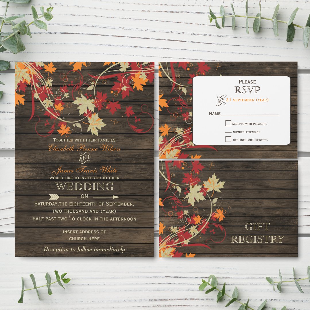 Budget Barn Wood Rustic Fall Wedding invitations | Zazzle