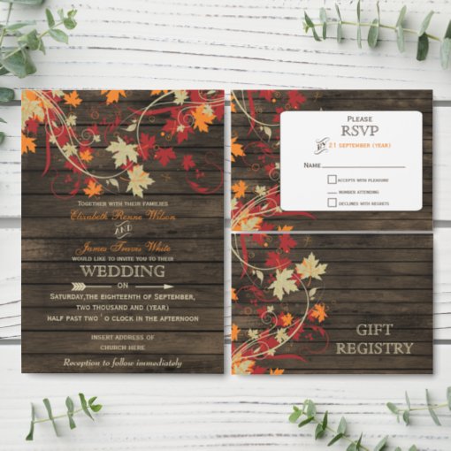 Barn Wood Rustic Fall Leaves Wedding Rsvp Invitation Postcard Zazzle