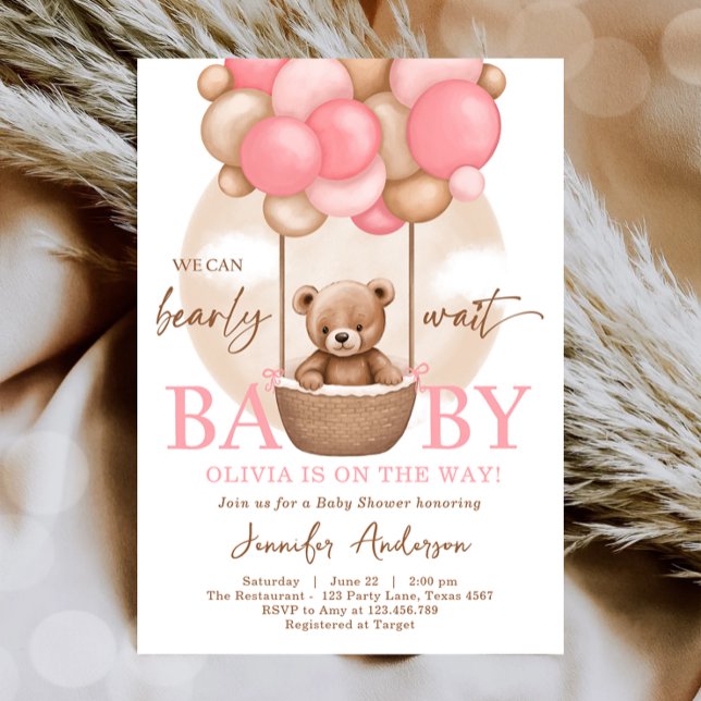 Boho Teddy Bear Girl Pink Bearly Wait Baby Shower  Invitation
