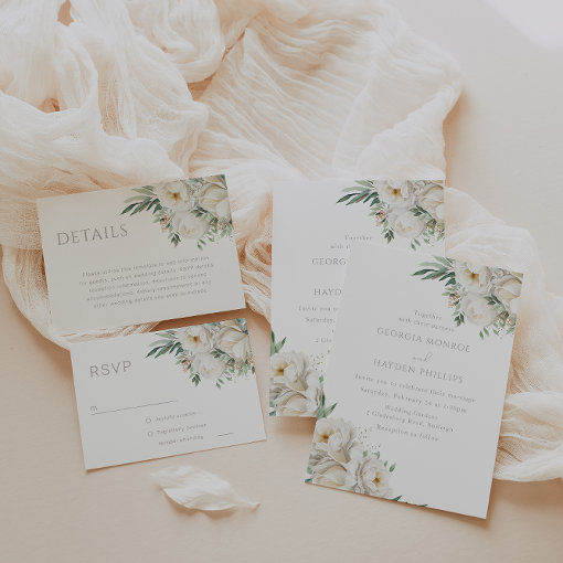 Beautiful Sage Leaf & White Flower Wedding Invitation | Zazzle