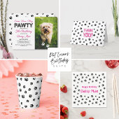 Black Paw Prints Pink Pet Birthday Photo Invitation