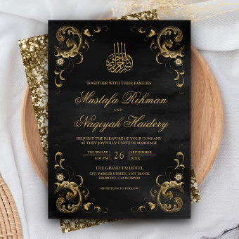 Antique Gold Frame Black Islamic Wedding Invitation | Zazzle
