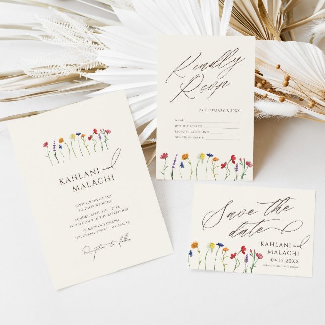 Vibrant Colorful Monogram Wildflower Bloom Wedding Invitation