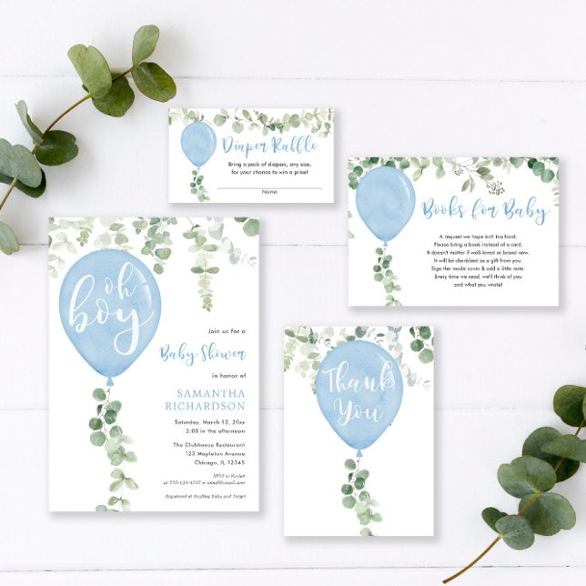 Twin boys eucalyptus blue balloons baby shower invitation Zazzle