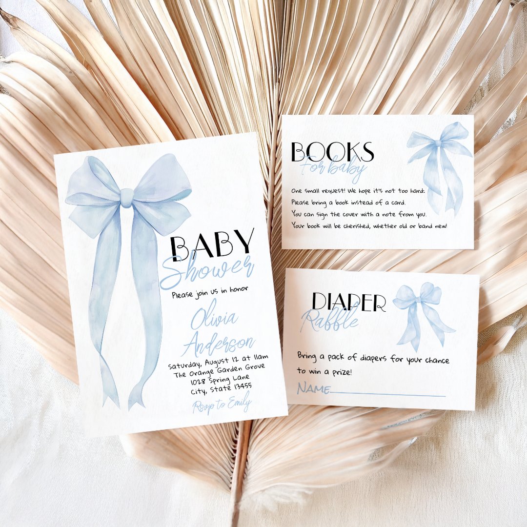 Blue Bow Hand Drawn Boy Coquette Baby Shower Invitation | Zazzle