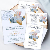 Blue Boy's Elephant Plane Watercolor Baby Shower  Invitation