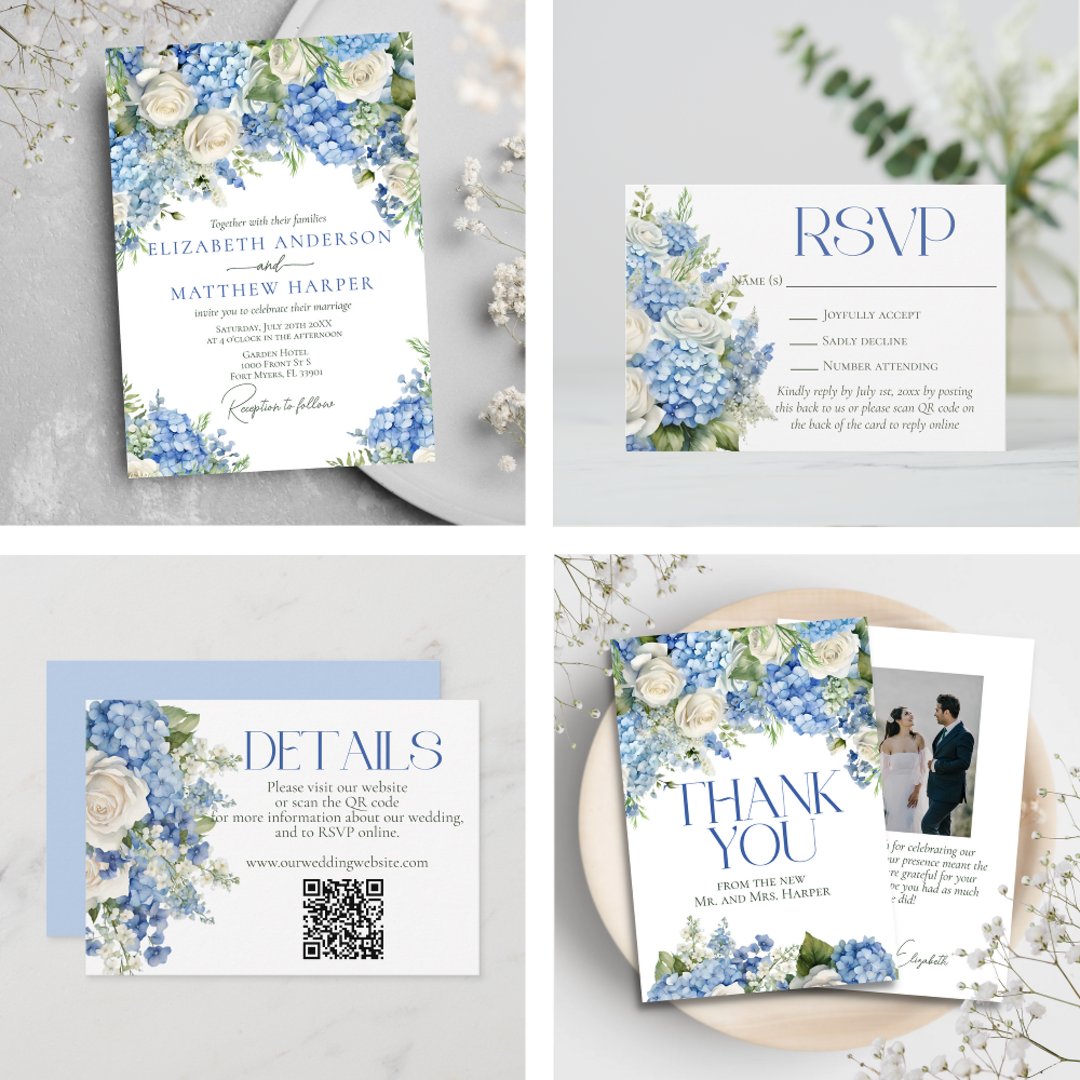 Elegant Blue Hydrangea White Roses Floral Wedding Invitation | Zazzle