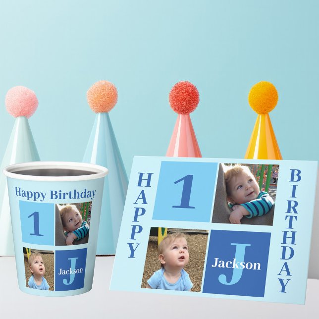 Baby Boy First Birthday Cute Blue Photo Collage Large Gift Bag