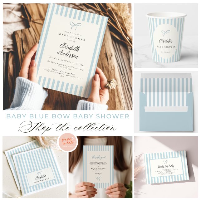 Dusty Blue Elegant Bow Boy Baby Shower Thank You Card