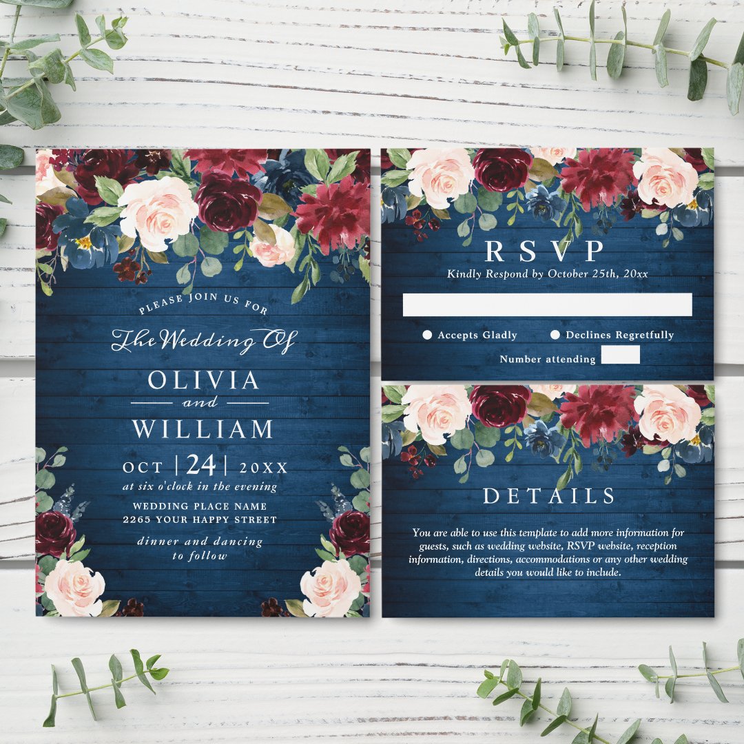 Burgundy Navy Blue Blush Rustic Floral Wedding Invitation | Zazzle