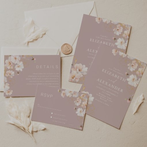 Luxury Blush Wildflowers Gold Wedding Invitation | Zazzle