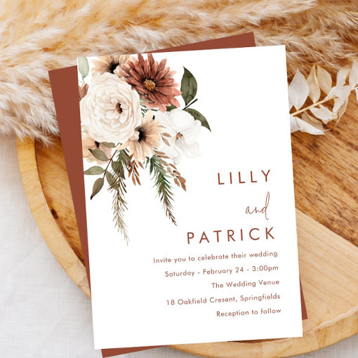 Bohemian Floral Terracotta Wedding Invitation 