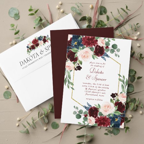 Boho Bloom | Elegant Burgundy Floral Gold Frame Invitation