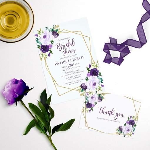 Gold Geometric Purple Floral Bridal Shower Invitation | Zazzle