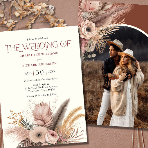 Boho Pampas Grass Terracotta Photo Wedding Invitation Zazzle