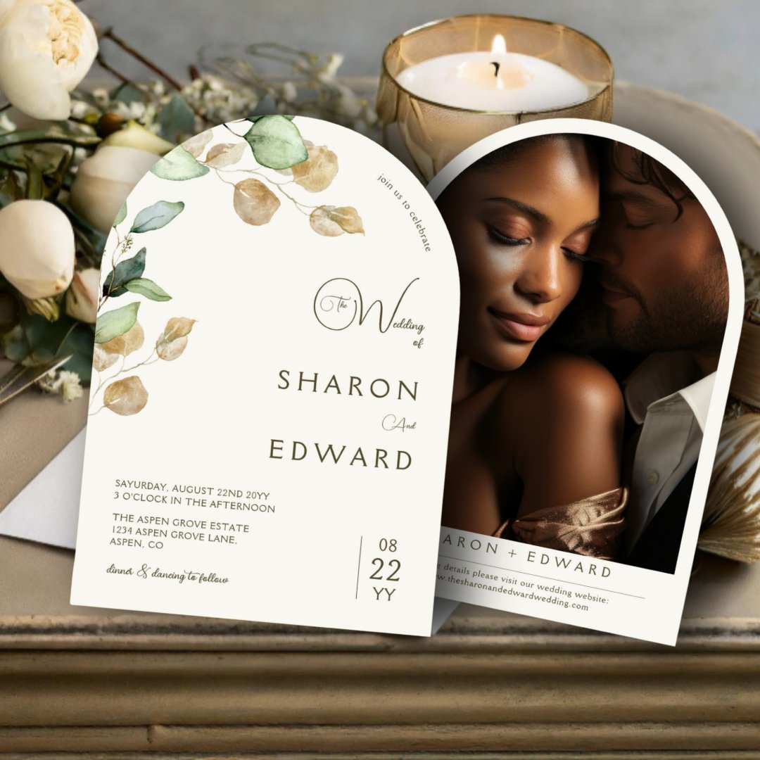 Botanical Eucalyptus Greenery & Arch Photo Wedding Invitation | Zazzle