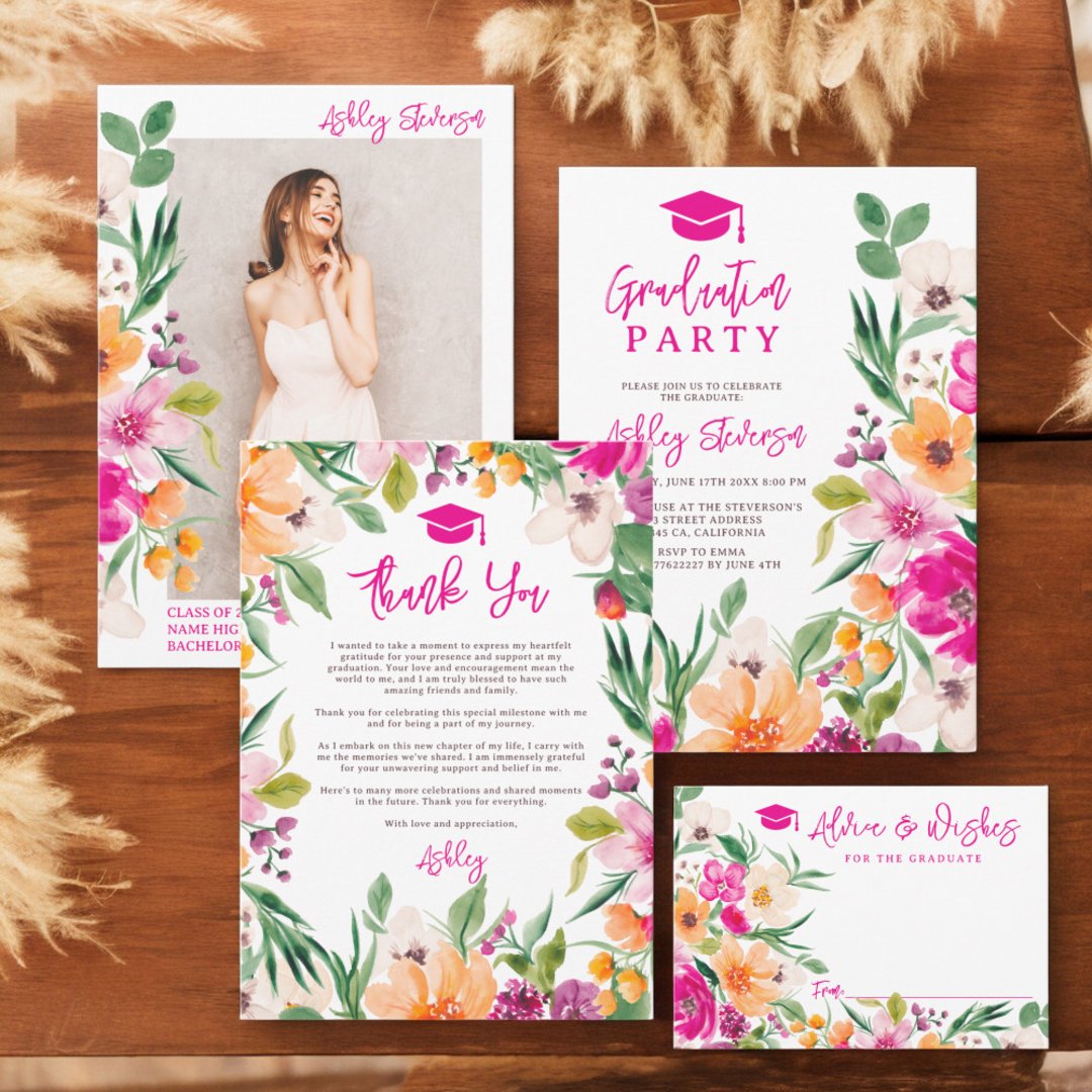 Pink floral green chic gold script graduation invitation | Zazzle