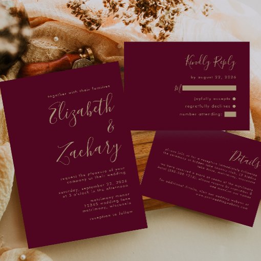 Modern Script Burgundy Gold Wedding Invitation Belly Band Zazzle