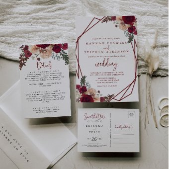 Geometric Red Pink Floral Front & Back Wedding Invitation | Zazzle