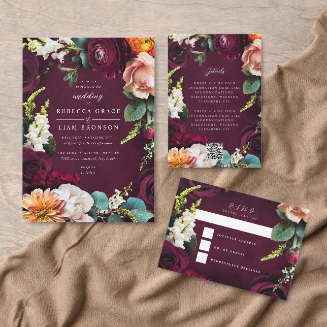 Burgundy Rose Ranunculus Wedding Invitation
