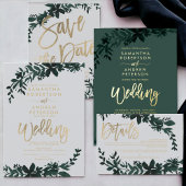 Gold typography leaf floral green teal wedding invitation