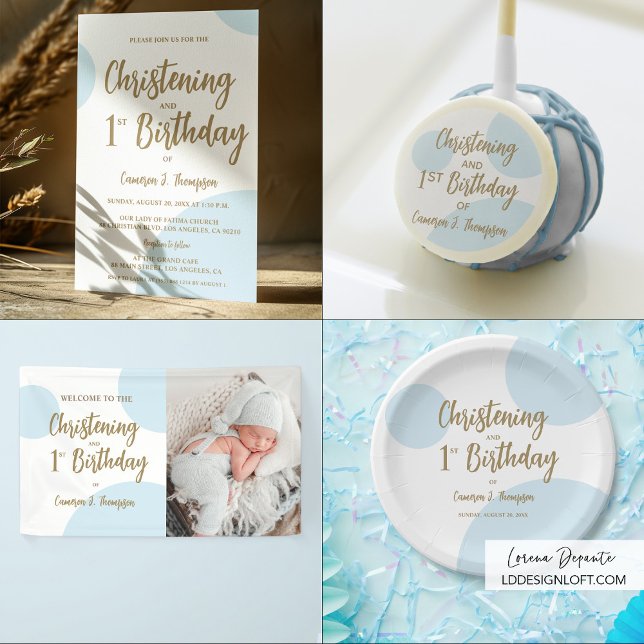 Blue Gold Baby Christening and 1st Birthday joint Invitation Zazzle