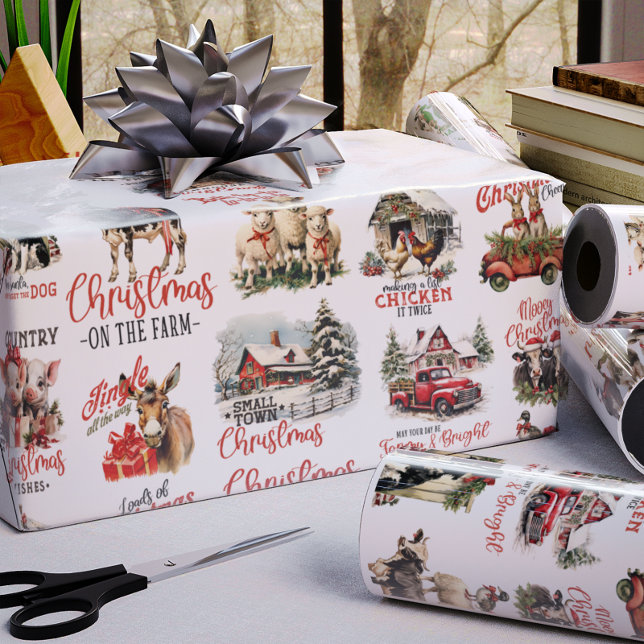 Christmas in the Barn Rustic Cows in Santa Hats Wrapping Paper