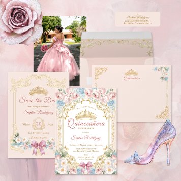 Classy Princess Pink Blue Floral Quinceanera Party