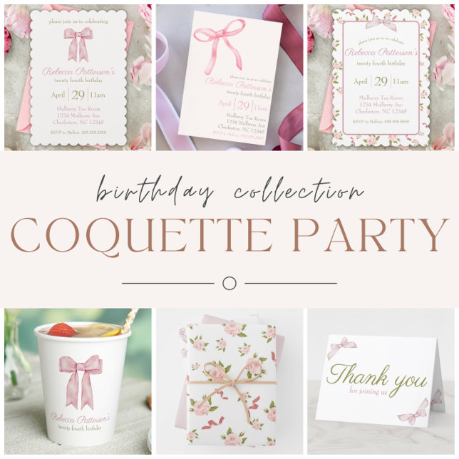 Coquette Pink Watercolor Bow Feminine Bday Party Invitation