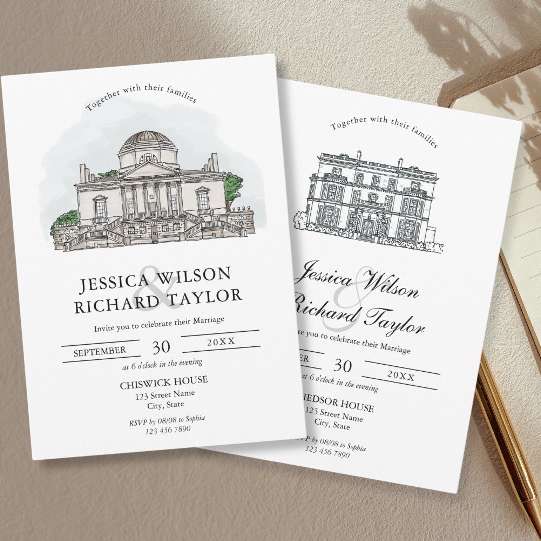 Custom Hand Drawn Venue Illustration Wedding Invitation | Zazzle