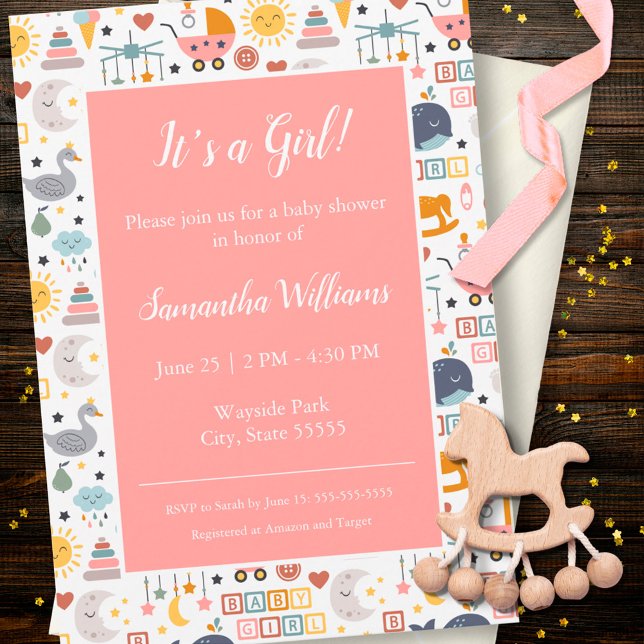 Cute Baby Girl Pink Pattern Baby Shower Invitation Zazzle