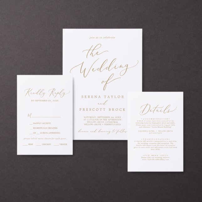 Delicate Gold Calligraphy Arch All In One Wedding Invitation