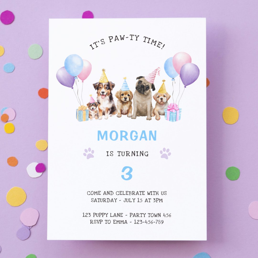 Pawty Time Puppy Dog Birthday Party Watercolor Inv Invitation | Zazzle