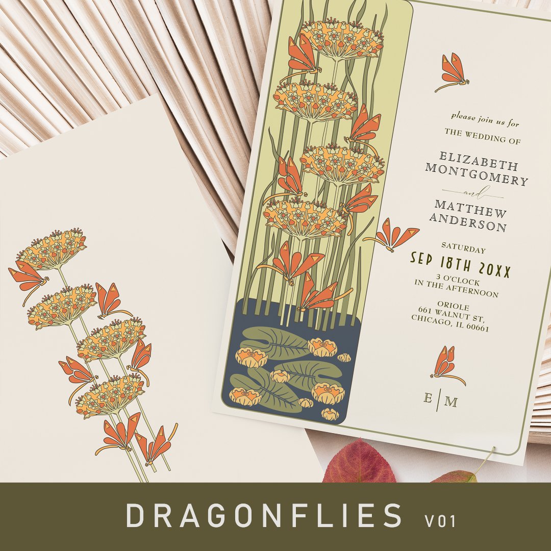 Dragonfly Belle Epoque Art Nouveau Wedding Invitation (Dragonflies Art Nouveau Wedding Stationery)